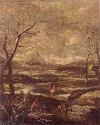 unknow artist, A winter landscape with woodcutters and travellers